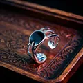 Men's vintage silver ring featuring a black oval gemstone and triple-layered adjustable band - J116 Oil Droplet Disc