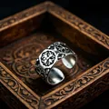 Retro wide open ring with carved floral pattern in vintage silver finish for men - J145 Xiaomi Star