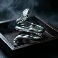 Retro silver snake ring for men featuring detailed serpent head and textured wrap design - J078 Little White Snake