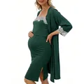 Ensemble de nuit maternité vert foncé avec robe en soie et peignoir en dentelle - M / Vert Foncé
