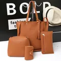 Brown litchi grain 4-piece set including tote, shoulder bag, wallet and small pouch - Four-Piece Set / Tan