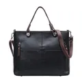 Klassische schwarze Vintage Kunstledertasche mit Doppeltaschen und braunen Griffen - Schwarz