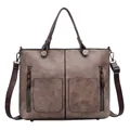 Retro dunkelbraune Handtasche mit Doppelgriffen und vertikalen Reißverschlusstaschen - Rosa