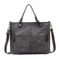 Deep grey vintage PU leather handbag with dual front zippers and brown straps - Gray