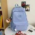 Light blue minimalist school backpack for girls with cute bear and bunny pendants - Blue With Brown Bear Charm