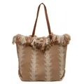 Knitted tote bag with geometric khaki patterns, fringe details, and brown handles - Khaki
