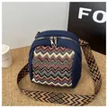 Nahaufnahme der Ethno-Umhängetasche aus Canvas mit buntem Wellenmuster und Jacquard-Gurt - Blau
