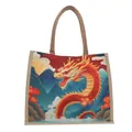 Canvas tote bag featuring red dragon artwork and natural jute handles for casual use - Horizontal Panorama Dragon Pattern (Style 1)