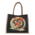 Canvas tote bag with dragon print and natural jute handles in black and tan finish - Circular Black Background Dragon Pattern (Style 2)