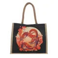 Black canvas tote bag featuring a vibrant dragon print and woven jute rope handles - All-over Black Background Dragon Pattern (Style 4)