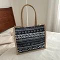 Linen tote bag with black and white geometric ethnic pattern and rope handles - Style 1