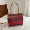 Bohemian large linen tote bag with colorful elephant print and ethnic patterns - Style 8