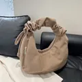 Khaki corduroy shoulder bag with ruched handle and vintage crescent moon shape - Khaki