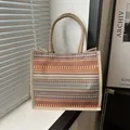 Bohemian linen tote bag with geometric brown and orange patterns and round handles - Style 9