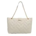 Borsa tote beige trapuntata con cuciture a V e tracolla in pelle a catena dorata - Bianco