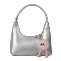 Borsa hobo argento metallizzato con manico superiore e simpatico ciondolo peluche rosa - Con Ciondolo Rosa / Argento