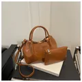 Σετ vintage καφέ τσάντα tote με πιέτες, ασορτί τσαντάκι με φερμουάρ και λουράκι ώμου - Καφέ