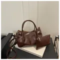 Dark brown vintage pleat handbag set with silver hardware and adjustable shoulder strap - Coffee