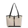 Bolso tote de lino con ribetes de cuero negro y cierre metálico en fondo blanco - Negro