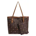 Brown printed tote bag and pouch set with clover pattern and long slim handles - Brown