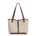 Bolso tote de lona beige con ribete de cuero marrón y cierre de metal dorado elegante - Marrón