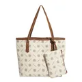 Patterned tote bag and coin purse set in white and brown faux leather with brand logo - White
