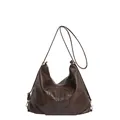 Bolso tote grande de cuero marrón retro con logotipo circular grabado en fondo blanco liso - Marrón