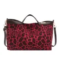 Red leopard and rose print handbag with brown leather straps and gold metal hardware - Red
