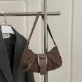 Vintage dark brown large capacity shoulder bag with silver buckle and suede texture - Coffee