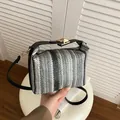 Straw woven handbag with black and white vertical stripes and leather shoulder strap - Black And White Woven Stripe / Black
