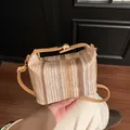 Straw woven striped handbag with yellow leather straps and metallic turn-lock closure - Vintage Brown Stripe / Khaki