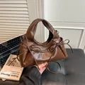 Deep brown pleated cloud tote bag with bow details and sleek adjustable shoulder strap - Brown with Pendant