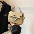 Mini borsa Kelly retrò kaki in tessuto strutturato con chiusura a scatto argentata - Kaki