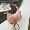 Pink crescent moon handbag with delicate leather bow and silver metallic beads decor - Pink