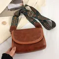 Brown vintage faux leather crossbody bag with ethnic embroidered wide shoulder strap - Brown