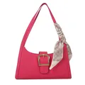 Fuchsia quilted faux leather handbag with gold buckle and cream geometric silk scarf - Rose Red