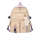 Cream and purple large capacity student backpack with cute plush bear and badges - With Badges and Bear / Off White