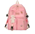 Pink canvas backpack with multiple front pockets and cute plush bear charm - With Badges and Bear / Pink