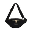 Black corduroy crescent fanny pack with golden zippers and adjustable shoulder strap - Black with Logo