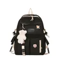 Black school backpack with off-white straps, featuring a plush bear and cartoon pins - With Badges and Bear / Black