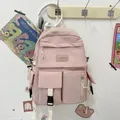 Sac à dos en toile rose minimaliste pour étudiants avec design multi-poches grande capacité - Style de base / Rose
