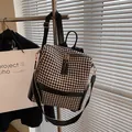 Vintage houndstooth backpack with black leather accents and golden zippers - Houndstooth Black