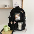 Large black nylon student backpack with clear windows and cute plush charms - Black