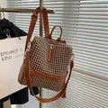 Women's vintage houndstooth backpack with brown leather trim and adjustable straps - Houndstooth Brown
