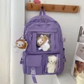 Purple canvas backpack with multiple pockets and cute plush toys in Japanese ins style - Purple