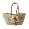 Bolso capazo tejido a mano en color beige con flor 3D amarilla y pompones rosas de moda - Blanco Roto