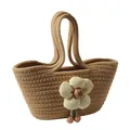 Bolso de paja tejido a mano con flor en 3D en tonos madera natural y crema - Caqui