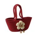 Süße rote gewebte Handtasche mit cremefarbener Blume und braunen Pompons für Damen - Rot