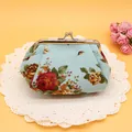 Floral canvas coin purse with silver metal kiss-lock clasp in light blue rose pattern - Blue