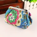 Blue vintage fabric coin purse with floral embroidery and silver metal clasp - Blue
